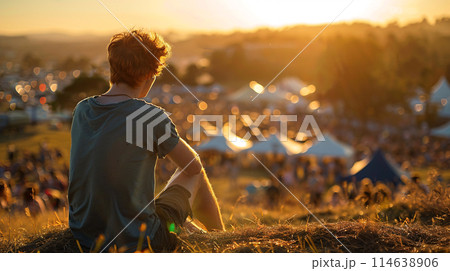 festival goer figure perched atop a hill overlooking a one of the largest summer music festival 114638906