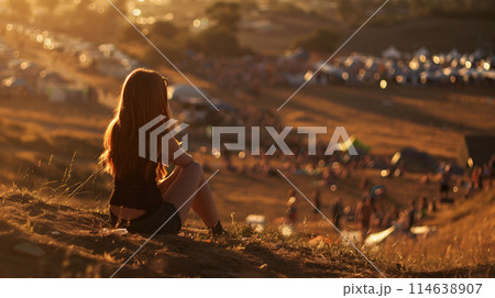 festival goer figure perched atop a hill overlooking a one of the largest summer music festival festival goer figure perched atop a hill overlooking a one of the largest summer music festival 114638907