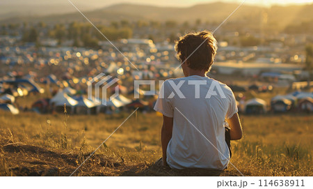 festival goer figure perched atop a hill overlooking a one of the largest summer music festival 114638911