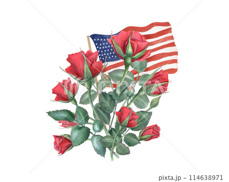 Commemorative bouquet of roses with USA waving flag. American national holiday. Garden red flowers. Memorial day, Independence day. Watercolor illustration isolated on white. For posters, greeting 114638971