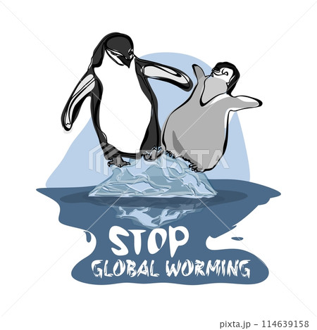 Global warming poster design penguin standing on melting ice floe 114639158