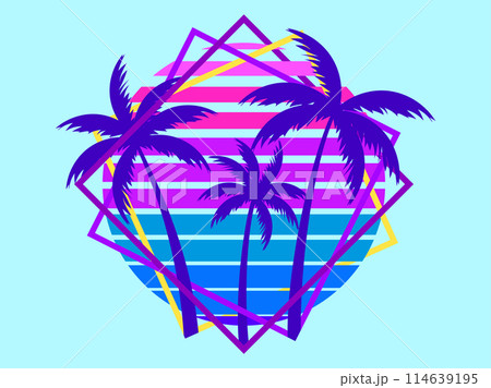 Retro sci-fi palm trees from the 80s at sunset in a square frame. Retro futuristic sun with palm trees. Synthwave and Retrowave style. Design of advertising banners and posters. Vector illustration 114639195