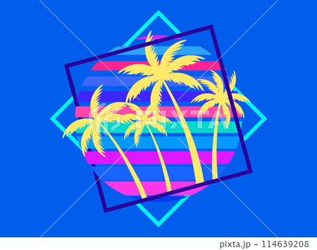 Retro sci-fi palm trees from the 80s at sunset in a square frame. Retro futuristic sun with palm trees. Synthwave and Retrowave style. Design of advertising banners and posters. Vector illustration 114639208