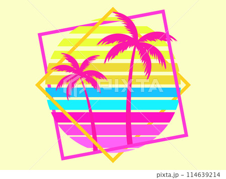 Retro sci-fi palm trees from the 80s at sunset in a square frame. Retro futuristic sun with palm trees. Synthwave and Retrowave style. Design of advertising banners and posters. Vector illustration 114639214