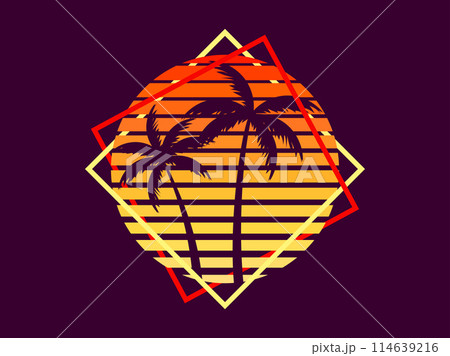 Retro sci-fi palm trees from the 80s at sunset in a square frame. Retro futuristic sun with palm trees. Synthwave and Retrowave style. Design of advertising banners and posters. Vector illustration 114639216