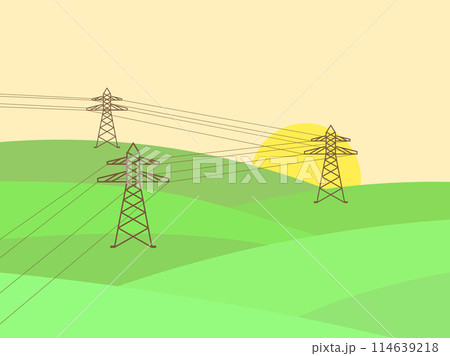 High-voltage power line among green hills. Wavy landscape with power line supports in a minimalist style. Transmission towers at dawn. Design for poster, cover and banner. Vector illustration 114639218