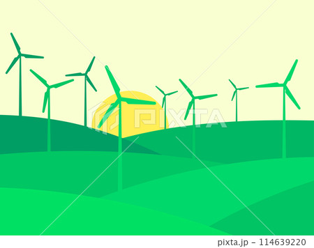 Landscape with green hills and silhouettes of wind turbines. Green energy concept. Renewable energy, production of environmentally friendly electricity. Clean wind energy. Vector illustration Landscape with green hills and silhouettes of wind turbines. Green energy concept. Renewable energy, production of environmentally friendly electricity. Clean wind energy. Vector illustration 114639220