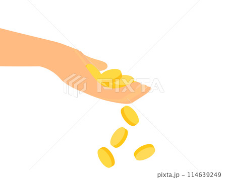 Coins on the palm isolated on a white background. Gold coins fall from the palm. A hand holds a handful of coins. Design for print, banners and promotional products. Vector illustration 114639249