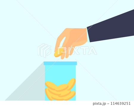 A hand throws a coin into a jar of coins. Accumulate money. The fingers of the hand hold a gold coin. Design for print, banners and posters. Vector illustration 114639251