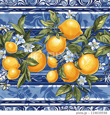 watercolor seamless pattern with lemons and blue ornament. vintage print 114639598
