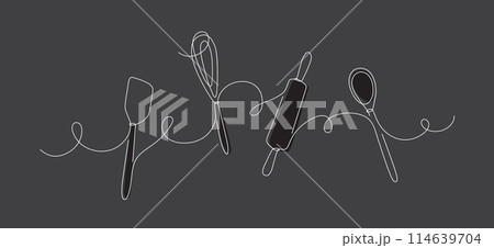 Bakery tools whisk, rolling pin, spatula silhouette black 114639704