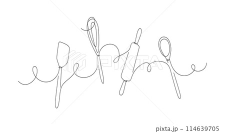 Bakery tools whisk, rolling pin, spatula silhouette 114639705
