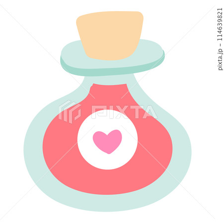 Love potion with heart in flat design. Magic drink for romantic feelings. Vector illustration isolated. 114639821
