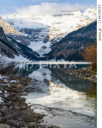 Lake Louise with rock shore in the Banff National Park, Canada. 114639937