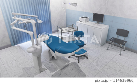 Empty interior of bright dentist clinic with dental unit - comfortable chair and medical tools. Dentistry operating surgery with modern equipment. With no people 3D illustration from my own 3D render. Empty interior of bright dentist clinic with dental unit - comfortable chair and medical tools. Dentistry operating surgery with modern equipment. With no people 3D illustration from my own 3D render. 114639966
