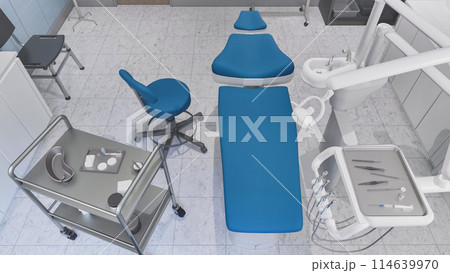 Top view of empty dentist workplace - dental unit, comfortable chair and tools in bright interior of medical clinic office. Dentistry surgery room with modern equipment. With no people 3D illustration 114639970