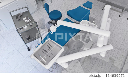 High angle view of modern dental unit - empty dentist chair and medical equipment in bright clean dental clinic office interior. With no people dentistry surgery room 3D illustration from my 3D render 114639971