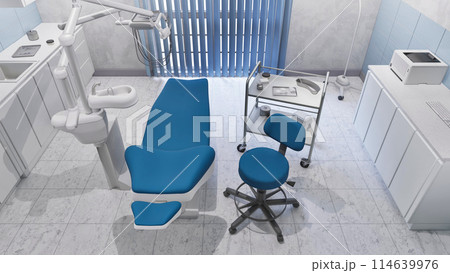 High angle view of empty dentist workplace - dental unit, chair and tools in bright interior of medical clinic office. Dentistry surgery room with modern equipment. With no people 3D illustration. 114639976