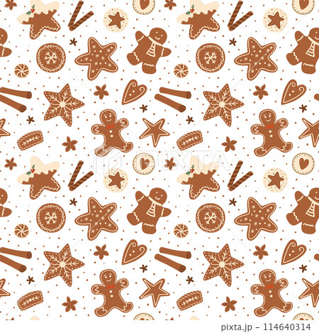 Christmas gingerbread cookies seamless pattern. Vector winter traditional cookies baking repeat background on white 114640314