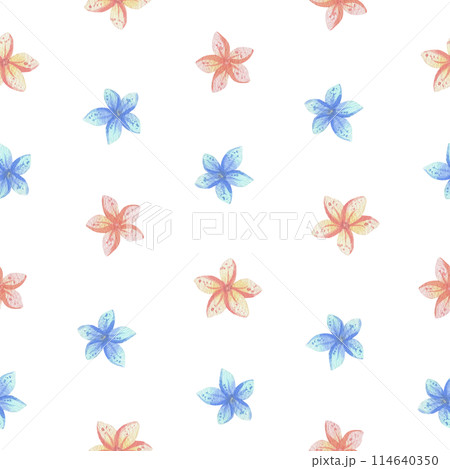 Simple, cute plumeria and frangipani flowers. Watercolor illustration, hand drawn in pastel colors: pink, peach, coral, turquoise, blue, mint. Seamless simple pattern children's 114640350