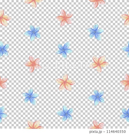 Simple, cute plumeria and frangipani flowers. Watercolor illustration, hand drawn in pastel colors: pink, peach, coral, turquoise, blue, mint. Seamless simple pattern children's 114640350