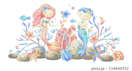 Mermaid little boy and girl with sea corals, algae, shells, starfish, fish, bubbles. Watercolor illustration hand drawn in coral, turquoise and blue colors. Composition isolated from the background. Mermaid little boy and girl with sea corals, algae, shells, starfish, fish, bubbles. Watercolor illustration hand drawn in coral, turquoise and blue colors. Composition isolated from the background. 114640352
