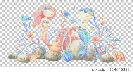 Mermaid little boy and girl with sea corals, algae, shells, starfish, fish, bubbles. Watercolor illustration hand drawn in coral, turquoise and blue colors. Composition isolated from the background. Mermaid little boy and girl with sea corals, algae, shells, starfish, fish, bubbles. Watercolor illustration hand drawn in coral, turquoise and blue colors. Composition isolated from the background. 114640352