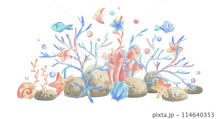 Sea corals, algae, shells, starfish, fish, bubbles. Watercolor illustration hand drawn in coral, turquoise and blue colors. Composition isolated from the background. Sea corals, algae, shells, starfish, fish, bubbles. Watercolor illustration hand drawn in coral, turquoise and blue colors. Composition isolated from the background. 114640353