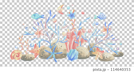 Sea corals, algae, shells, starfish, fish, bubbles. Watercolor illustration hand drawn in coral, turquoise and blue colors. Composition isolated from the background. Sea corals, algae, shells, starfish, fish, bubbles. Watercolor illustration hand drawn in coral, turquoise and blue colors. Composition isolated from the background. 114640353