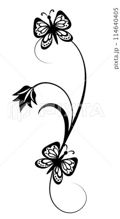Vintage floral ornament with butterflies and flower for decoration greeting card or tattoo isolated on white background 114640405