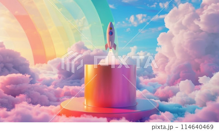 Rocket flying through clouds with rainbow in background 114640469