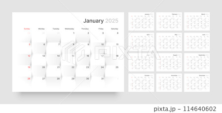 Monthly calendar for 2025 year. Starts on Sunday. 114640602