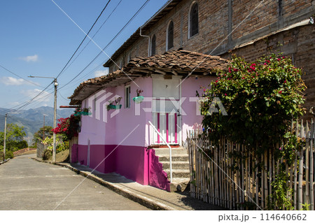 Beautiful streets at the historical downtown of the heritage town of Salamina located at the Caldas department in Colombia. 114640662