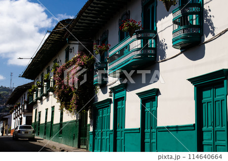 Beautiful streets at the historical downtown of the heritage town of Salamina located at the Caldas department in Colombia. 114640664
