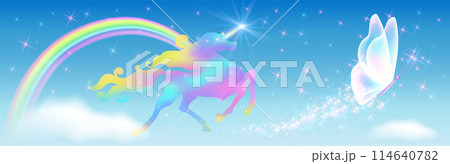 Galloping iridescent unicorn with luxurious winding mane and flying butterfly against the background of the fantasy universe with sparkling stars, clouds and rainbow Galloping iridescent unicorn with luxurious winding mane and flying butterfly against the background of the fantasy universe with sparkling stars, clouds and rainbow 114640782