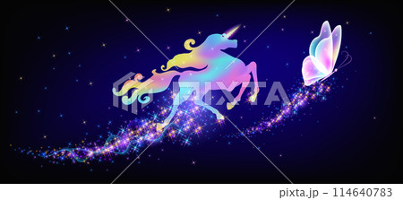 Galloping iridescent unicorn with luxurious winding mane and flying magic butterfly against the background of the fantasy universe with sparkling stars. 114640783