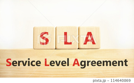 SLA service level agreement symbol. Concept words SLA service level agreement on beautiful wooden blocks. Beautiful white background. Business SLA service level agreement concept. Copy space. 114640869