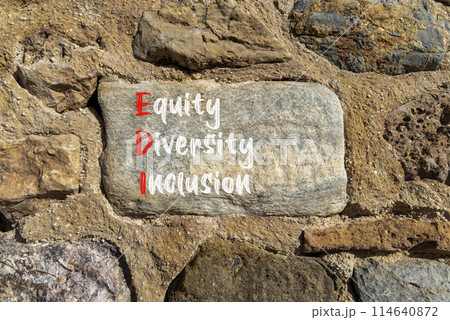 EDI equity diversity inclusion symbol. Concept words EDI equity diversity inclusion on big stone. Beautiful stone wall background. Business EDI equity diversity inclusion concept. Copy space. 114640872