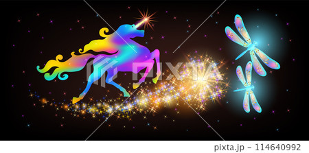 Galloping iridescent unicorn with luxurious winding mane and flying magic dragonfly against the background of the fantasy universe with sparkling stars. 114640992