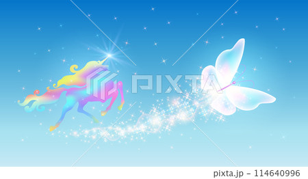 Galloping iridescent Unicorn with luxurious winding mane and flying fairytale butterfly against the background of the fantasy universe with sparkling stars Galloping iridescent Unicorn with luxurious winding mane and flying fairytale butterfly against the background of the fantasy universe with sparkling stars 114640996
