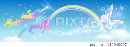 Galloping iridescent unicorn with luxurious winding mane and flying butterfly against the background of the fantasy Universe with sparkling stars, clouds and rainbow 114640997