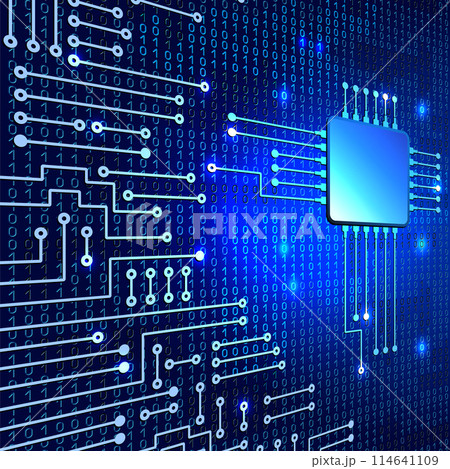 Modern electronic circuit and binary code on blue glowing background. Digital nano technologies concept. Modern electronic circuit and binary code on blue glowing background. Digital nano technologies concept. 114641109