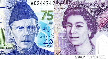 Portraits of Muhammad Ali Jinnah on Pakistani rupees and Queen Elizabeth II from British pounds 114641196