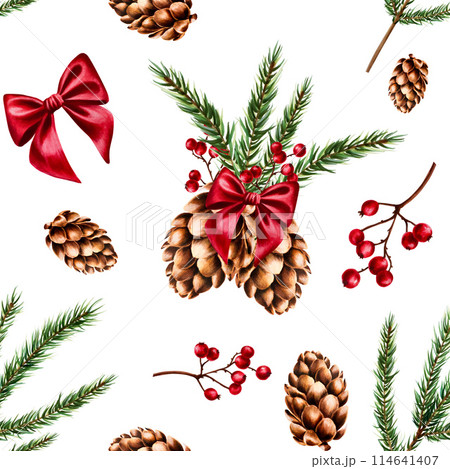 Seamless pattern with cones, red satin bow, pine branches and red berries on a branch. New year watercolor hand drawn botanical illustration of pine, spruce, cedar, fir and larch cone isolated on 114641407