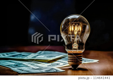Idea and Finance - Illuminated Light Bulb on Money Banknotes - Generative AI 114641441