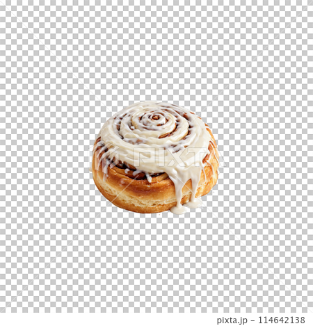 Cinnamon roll with cream cheese glaze drizzle and steam rising Food and culinary concept 114642138