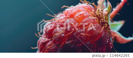 A panoramic view of ripe raspberries drenched in morning dew 114642265