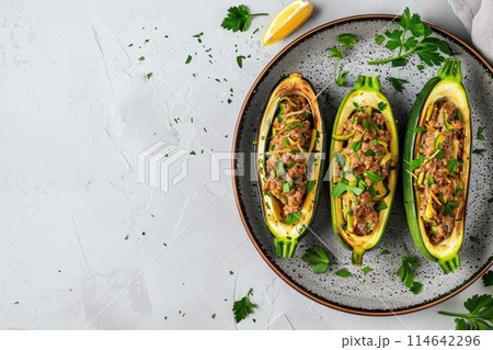 Savory stuffed zucchini boats on a dark plate with fresh parsley garnish 114642296