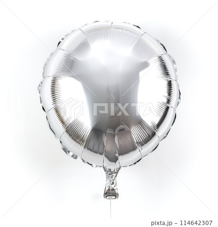 An isolated shiny silver round balloon captures the light with its reflective surface An isolated shiny silver round balloon captures the light with its reflective surface 114642307