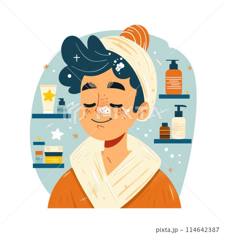Relaxed Young Man Enjoying Skincare Routine with Beauty Products Relaxed Young Man Enjoying Skincare Routine with Beauty Products 114642387